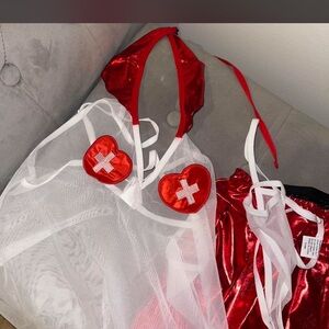 SHEIN Red and White Sheer Nurse Chemise Costume